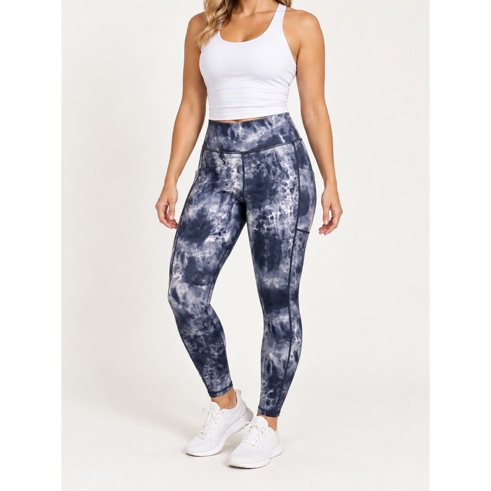 Zyia Active Womens Blue White Tie Dye High Waisted Pocket Leggings Size 8-10